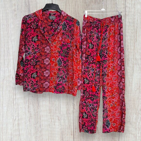 Anthropologie Boho Floral Pajama Set Farm Rio Inspired Print Red Pink Sleepwear - Picture 2 of 14